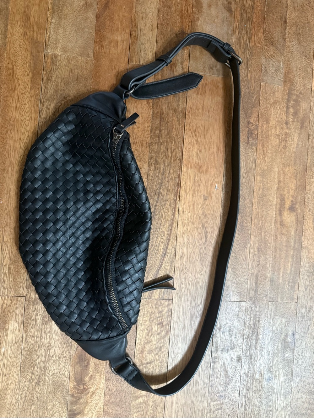 Black Woven Faux Leather Crossbody Sling Bag